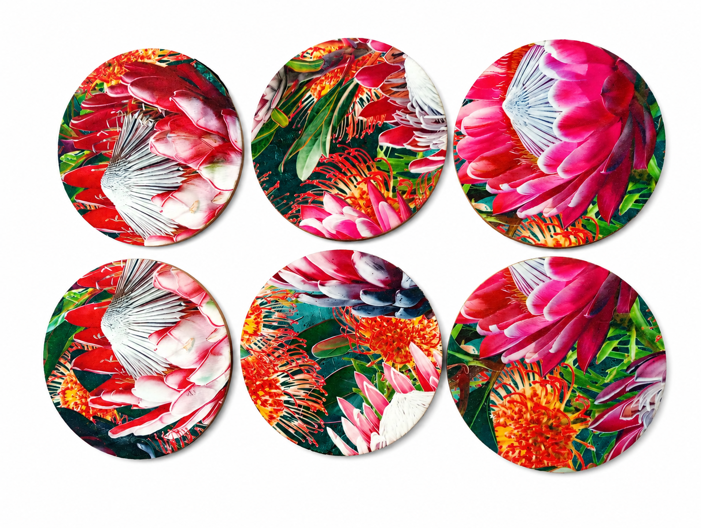Protea Fabric-Topped Round Coffee Coasters – Set of 6 - Image 3