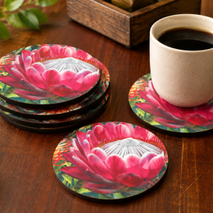 protea-fabric-topped-round-coffee-coasters-set-of-6